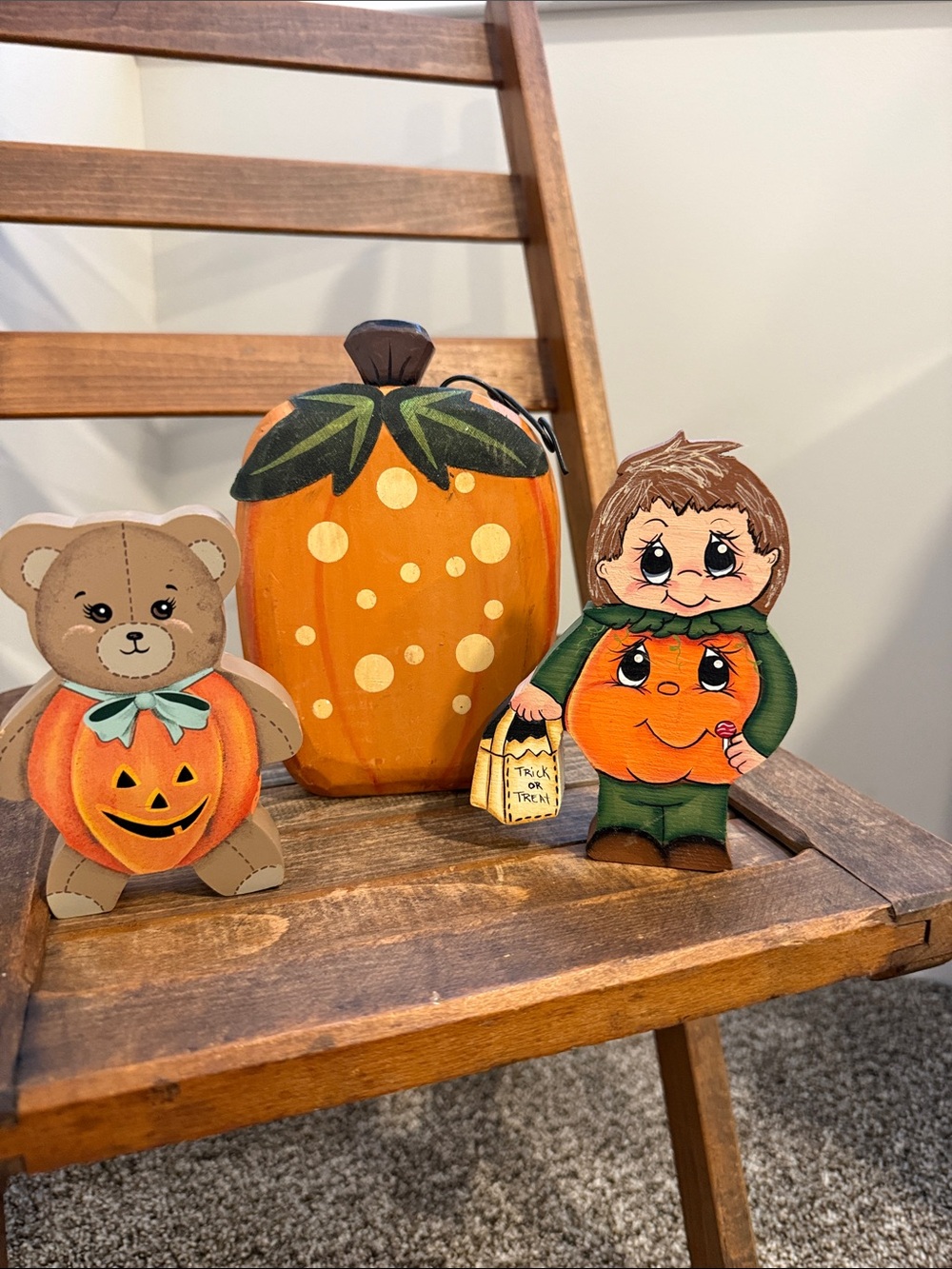 Vintage Halloween Wooden Folk Art Pumpkin Bear & Trick-or-Treat Child 3 Pc Set